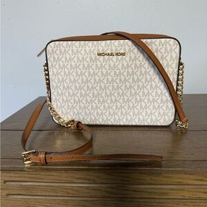 Michael Kors Signatuee Brown and Cream Logo Crossbody Bag